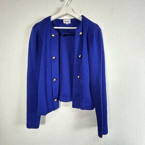 Leslie Fay Collections Womens Knit Cardigan Sweater Size 14 Blue Gold Buttons